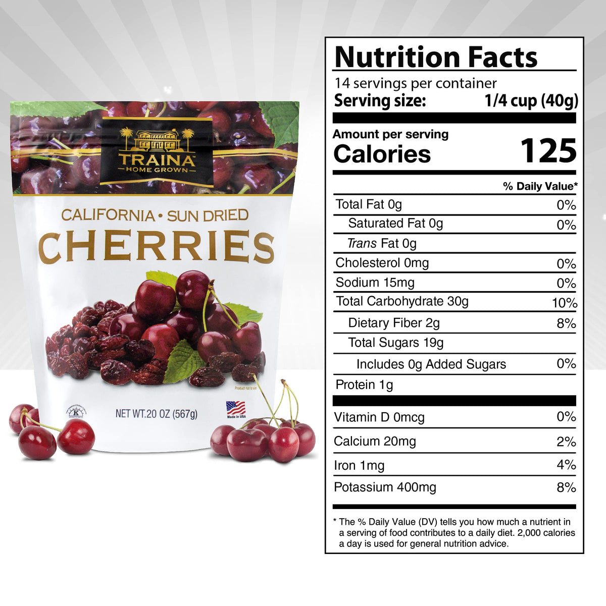 Traina resealable 20 oz bag keeps sun dried cherries fresh and convenient.