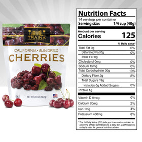 Traina resealable 20 oz bag keeps sun dried cherries fresh and convenient.