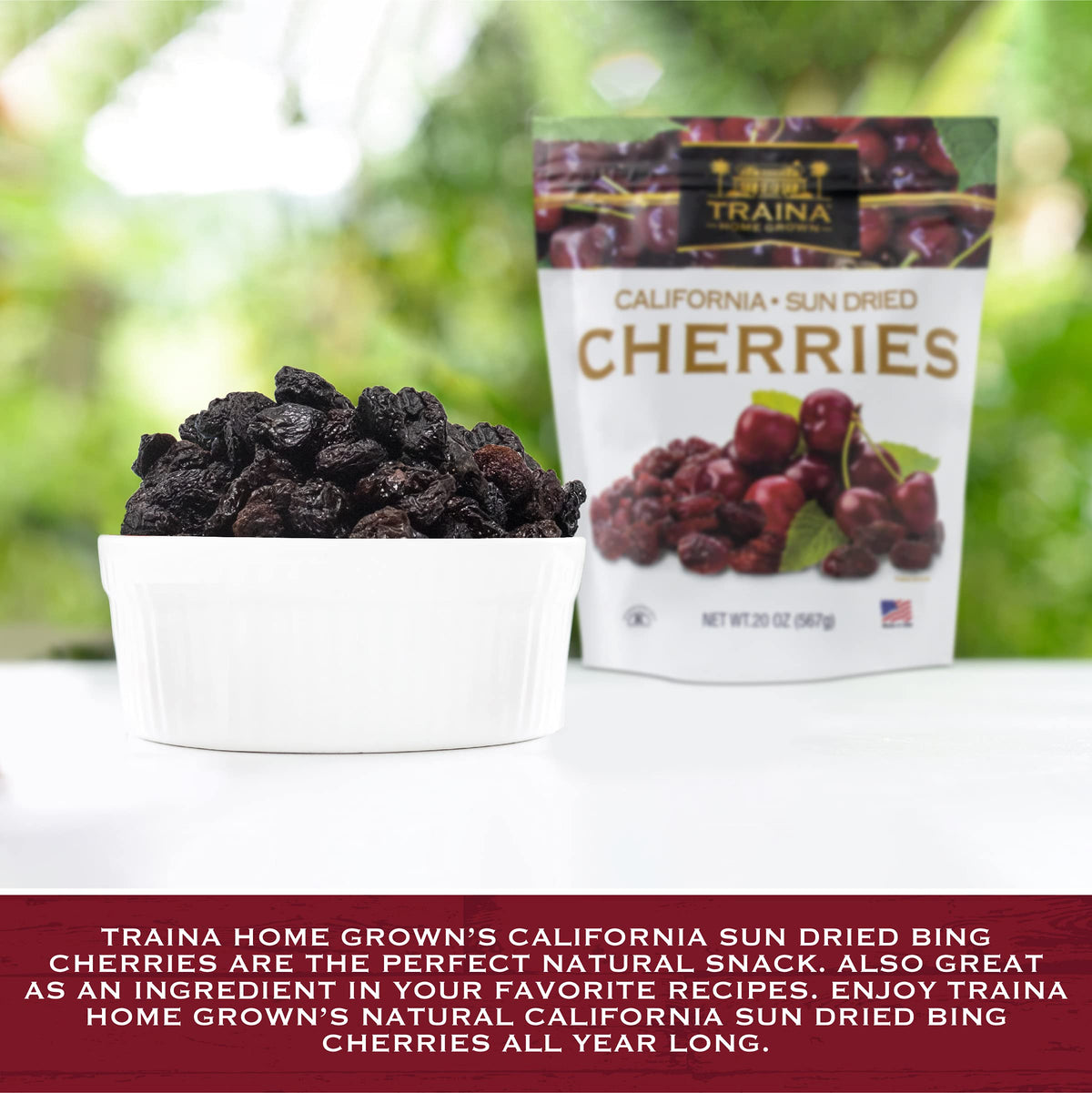 Traina sun dried cherries close-up show rich color and texture.