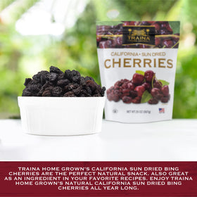 Traina sun dried cherries close-up show rich color and texture.