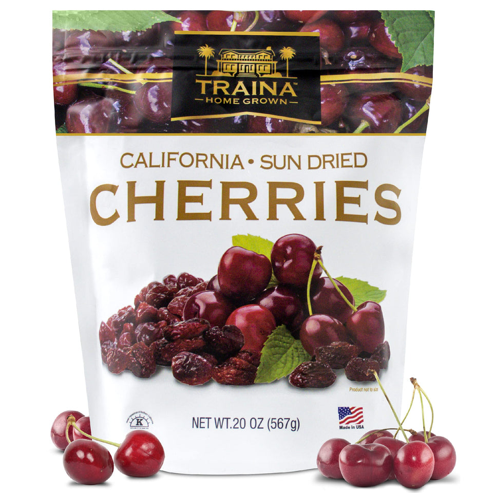 Traina Home Grown sun dried Bing cherries in a bowl, naturally sweet.
