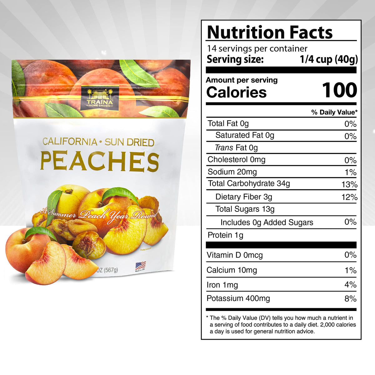 Traina California sun-dried peach slices ready to top yogurt or oats.