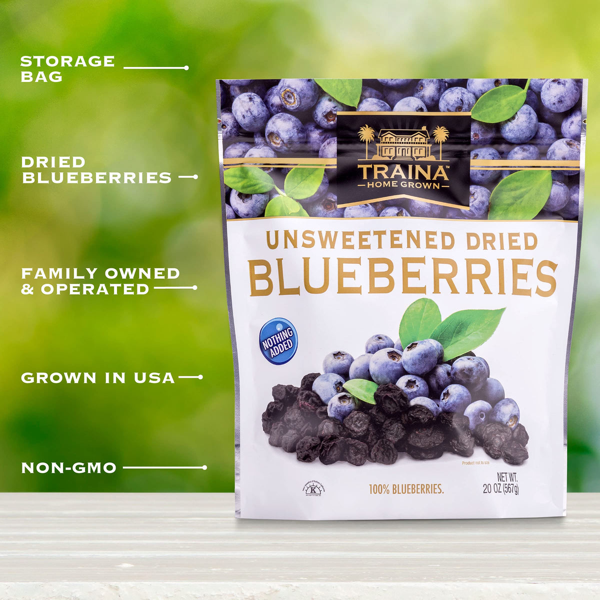 Traina unsweetened blueberries topping yogurt for a fruity, no-added-sugar snack.