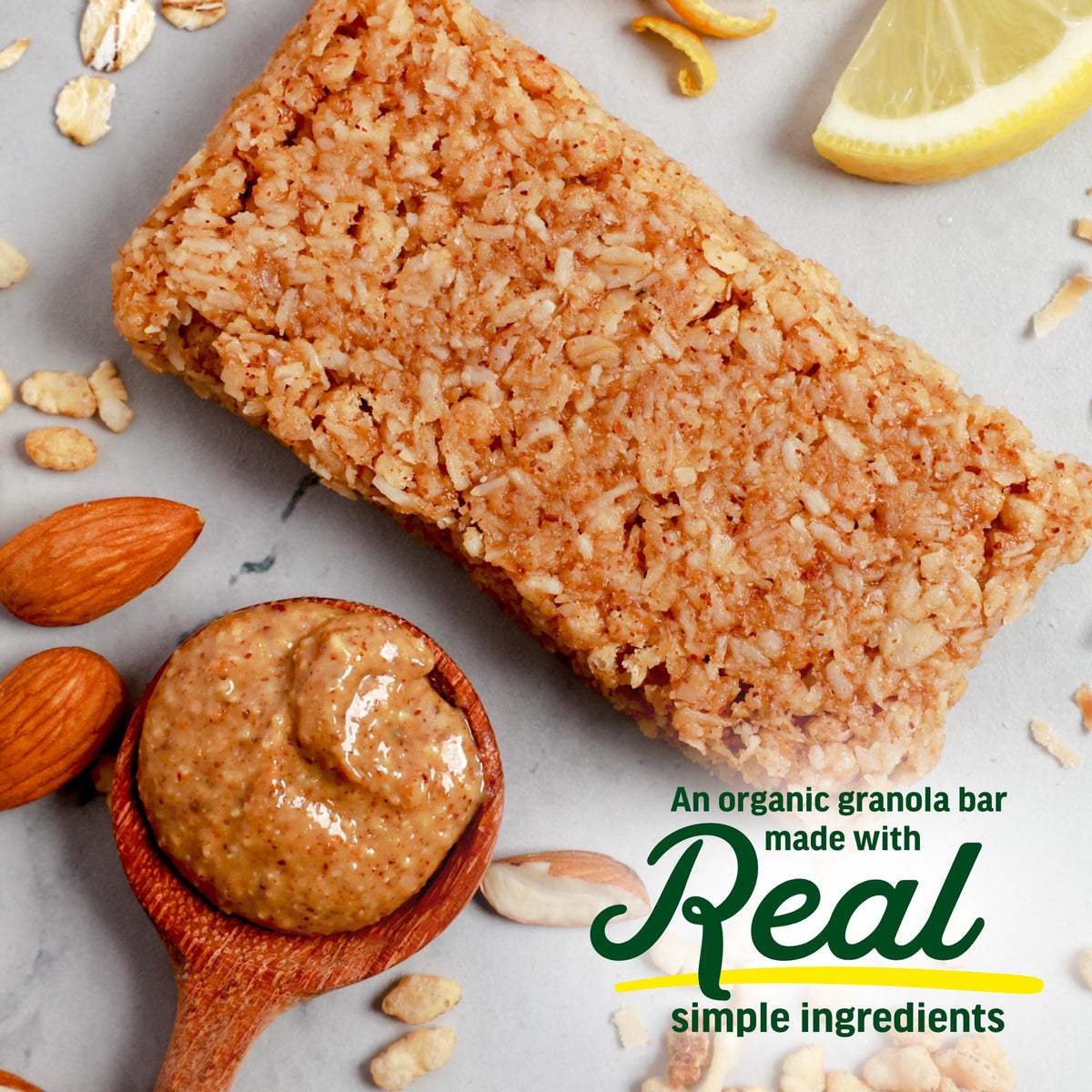 Tram Bar Lemon Coconut close-up texture highlights almond butter and oats.