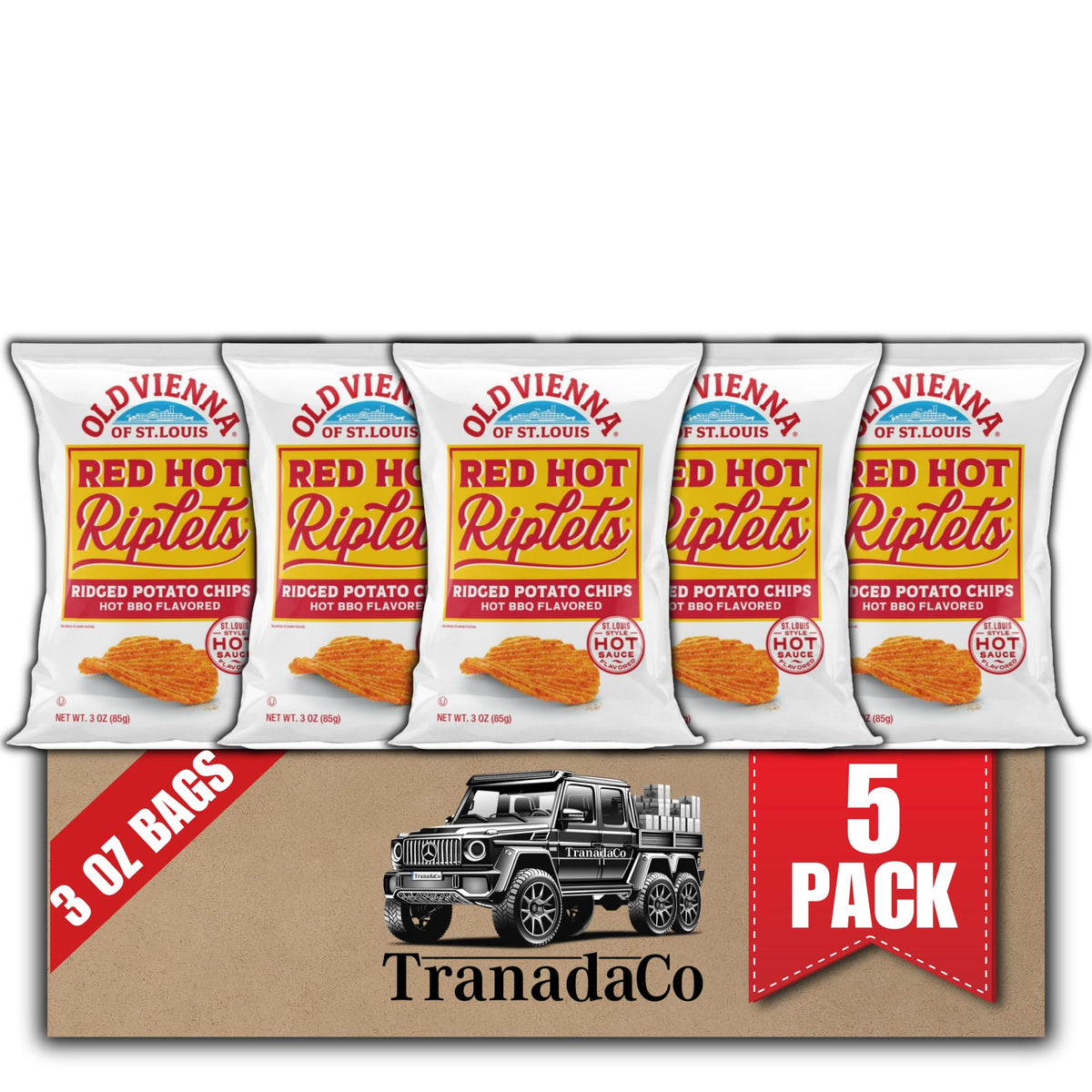 TRANADACO Old Vienna St Louis Red Hot Riplets close-up, bold BBQ heat for snacking.