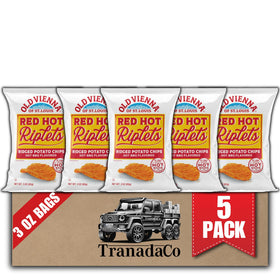 TRANADACO Old Vienna St Louis Red Hot Riplets close-up, bold BBQ heat for snacking.