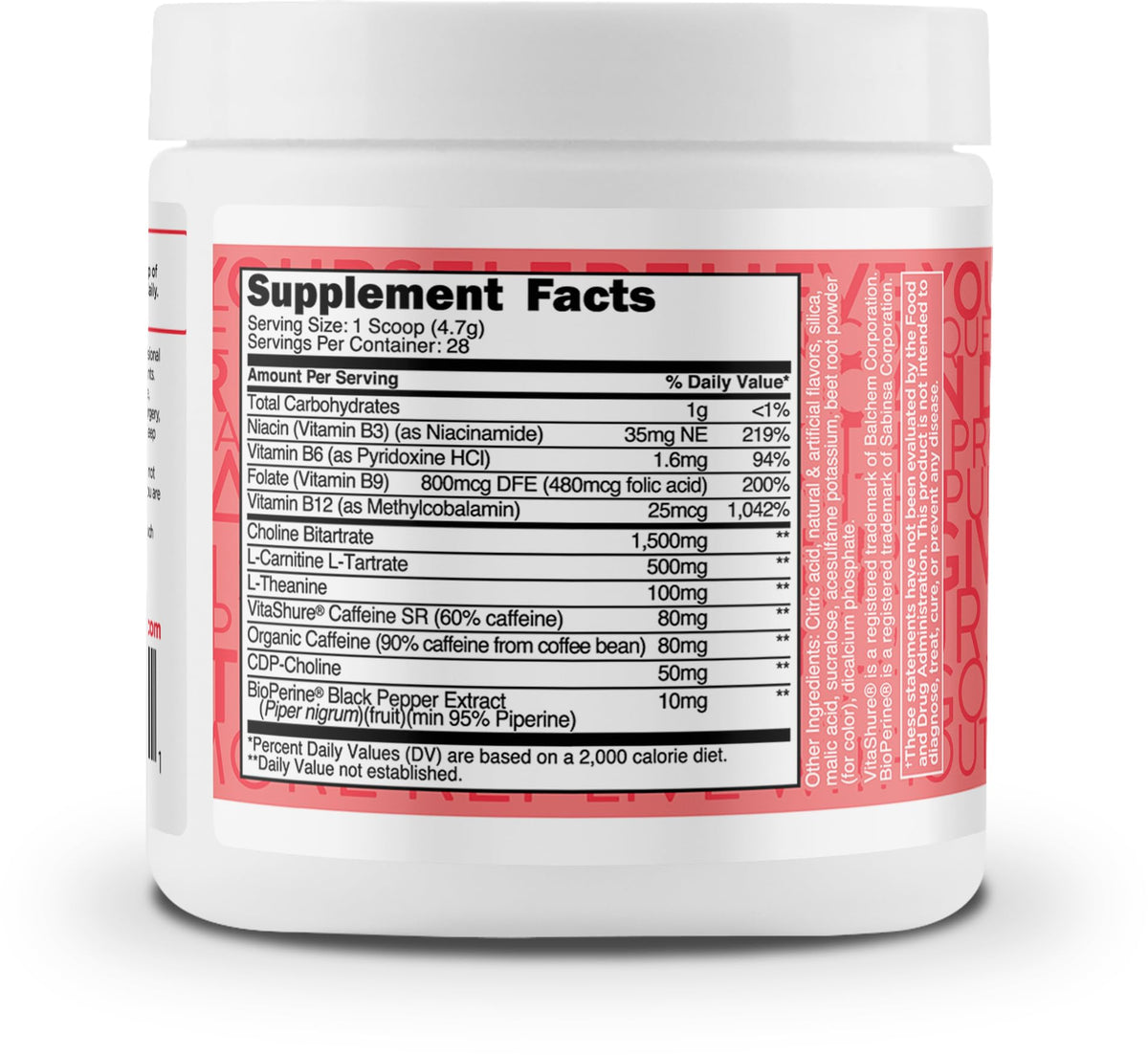 TransformHQ Energy & Focus Powder bottle label closeup highlights non-GMO ingredients.