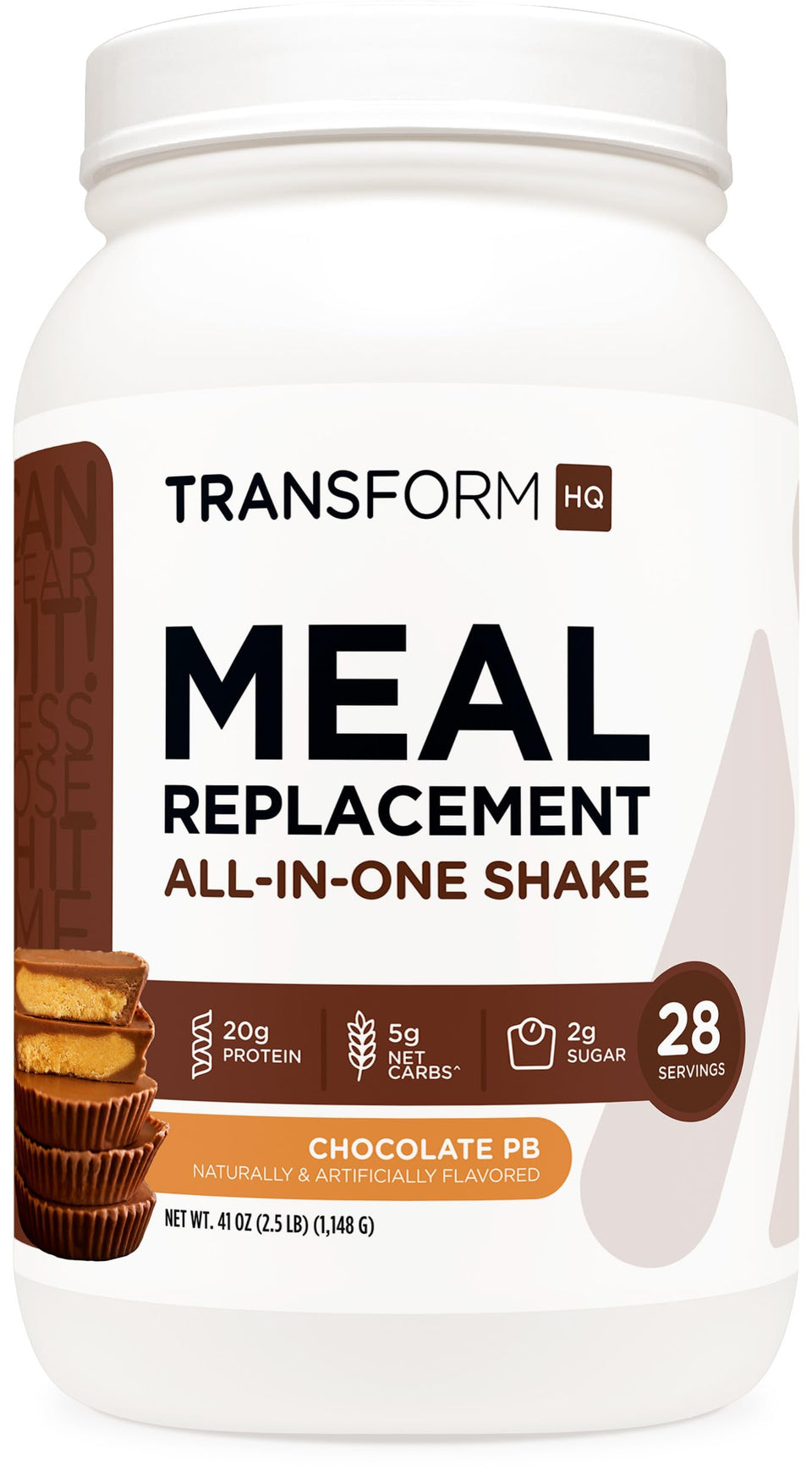 TransformHQ meal replacement chocolate peanut butter bottle showing 28 servings for convenient daily nutrition.