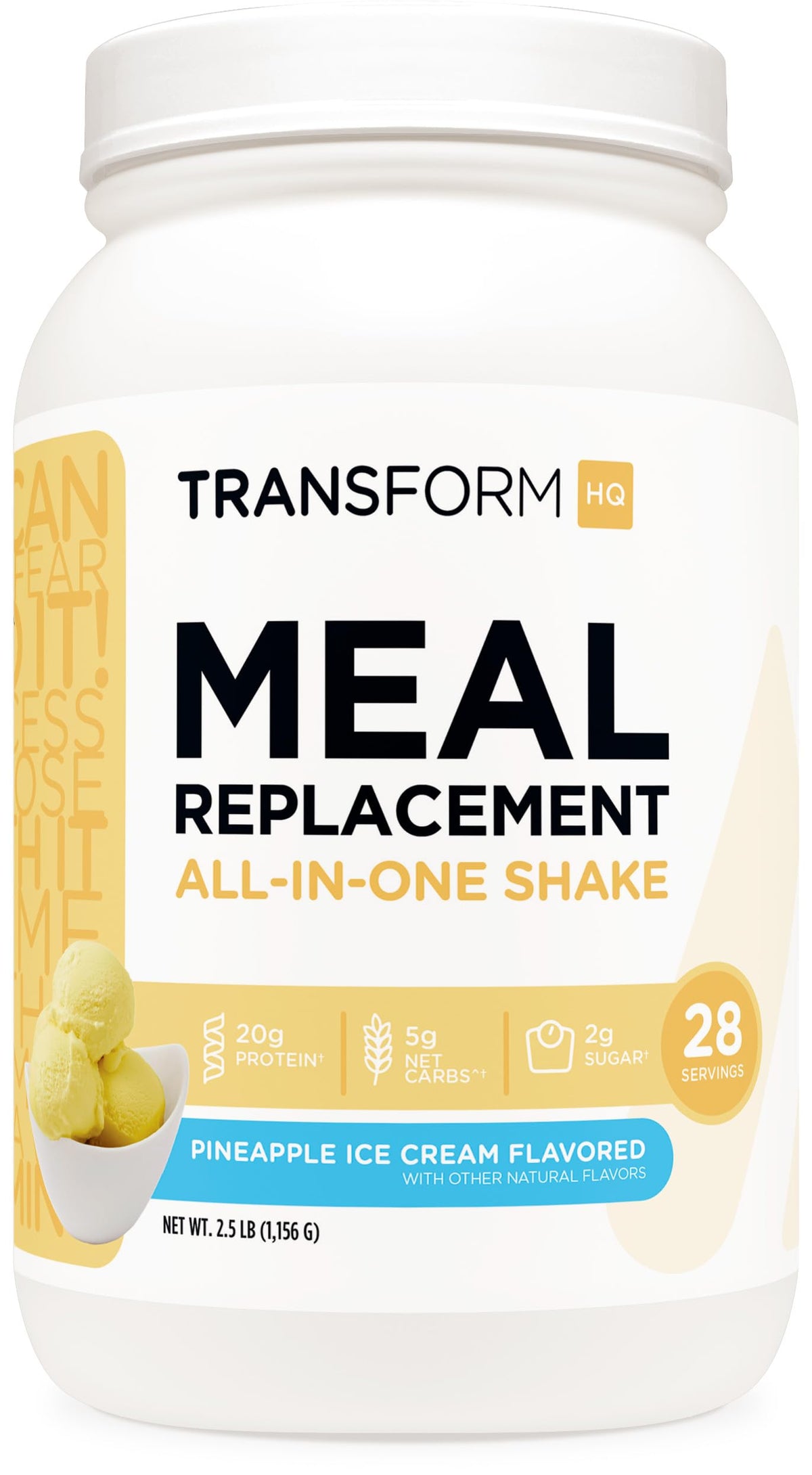 TransformHQ Pineapple Ice Cream shake bottle showing 28 servings for quick mornings.