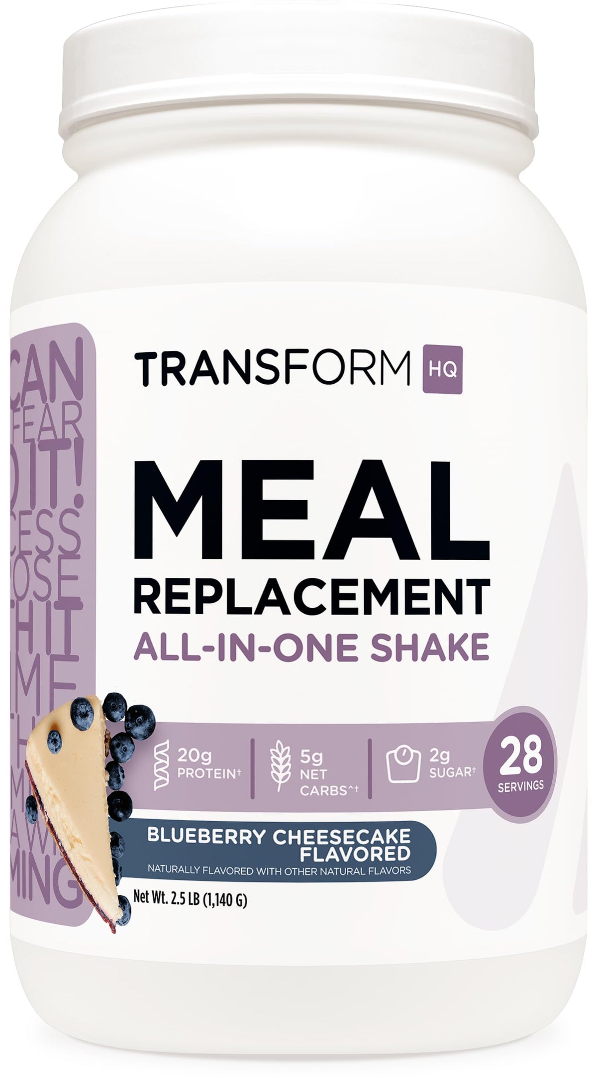 TransformHQ Blueberry Cheesecake shake bottle showing quick on-the-go nutrition