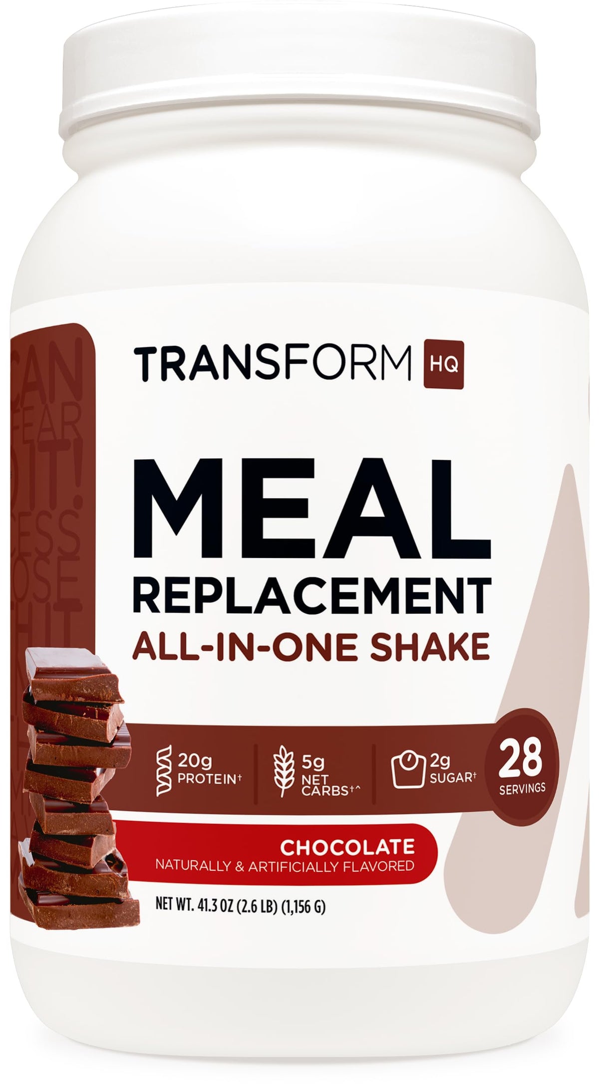 TransformHQ meal replacement shake bottle with chocolate flavor for convenient daily nutrition on the go.