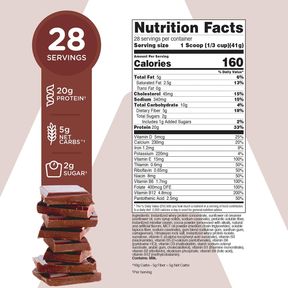 TransformHQ chocolate shake scoop shows 41g per serving for satisfying nutrition.