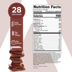 TransformHQ chocolate shake scoop shows 41g per serving for satisfying nutrition.