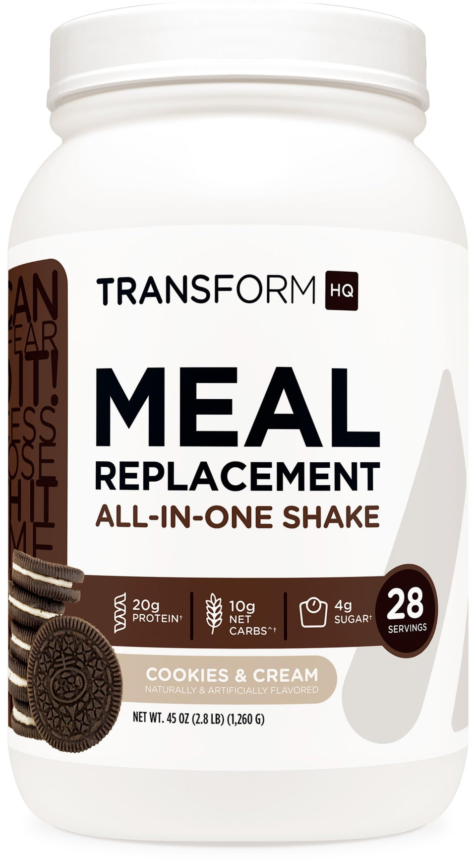 TransformHQ Cookies and Cream meal replacement shake tub for on the go nourishment