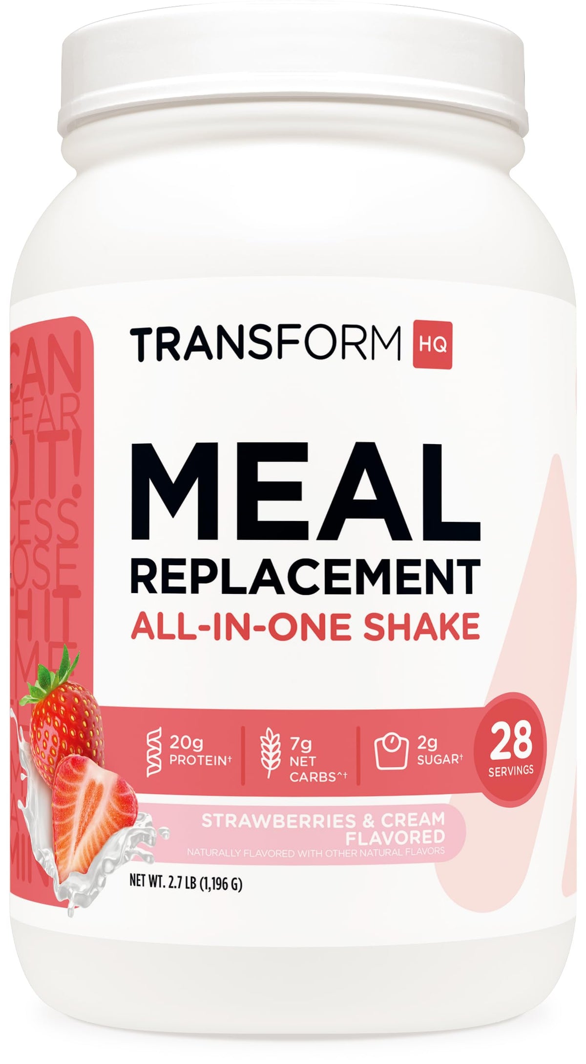 TransformHQ Meal Replacement Shake Strawberry Cream bottle highlighting gluten-free nutrition for busy days.