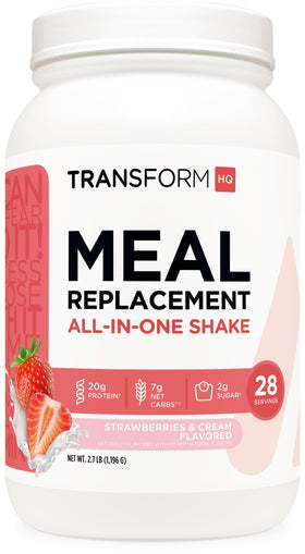TransformHQ Meal Replacement Shake Strawberry Cream bottle highlighting gluten-free nutrition for busy days.