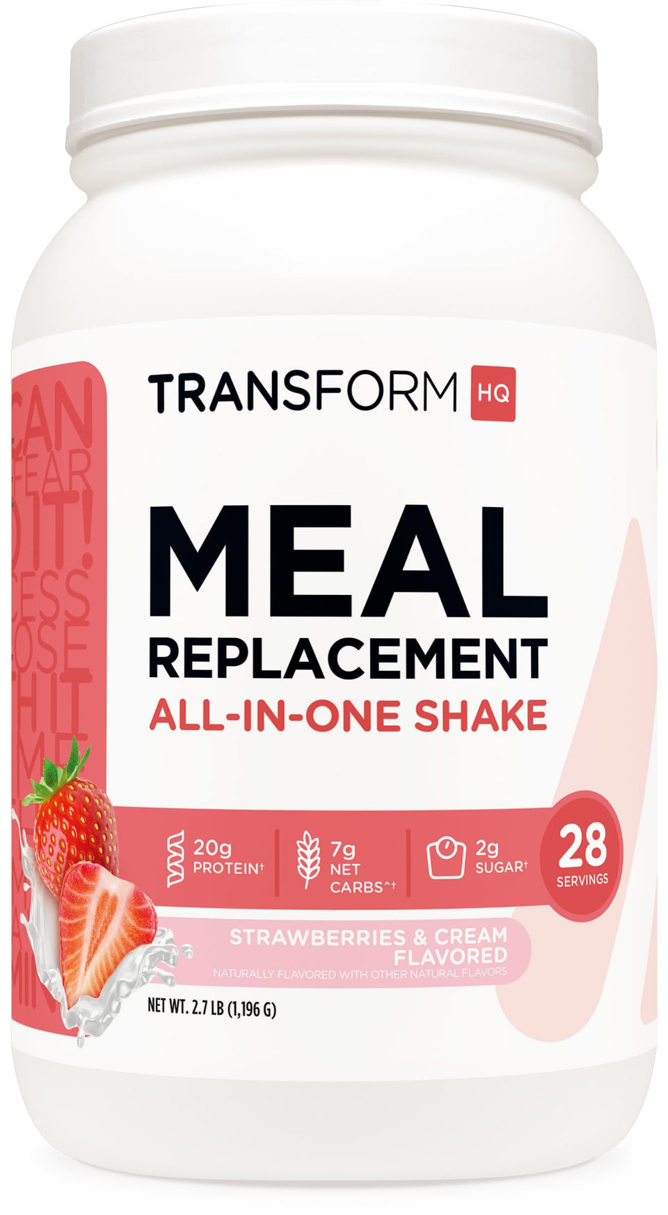 TransformHQ Meal Replacement Shake Strawberry Cream bottle highlighting gluten-free nutrition for busy days.