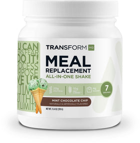 TransformHQ meal replacement shake tub front view highlighting mint chocolate chip flavor for convenience