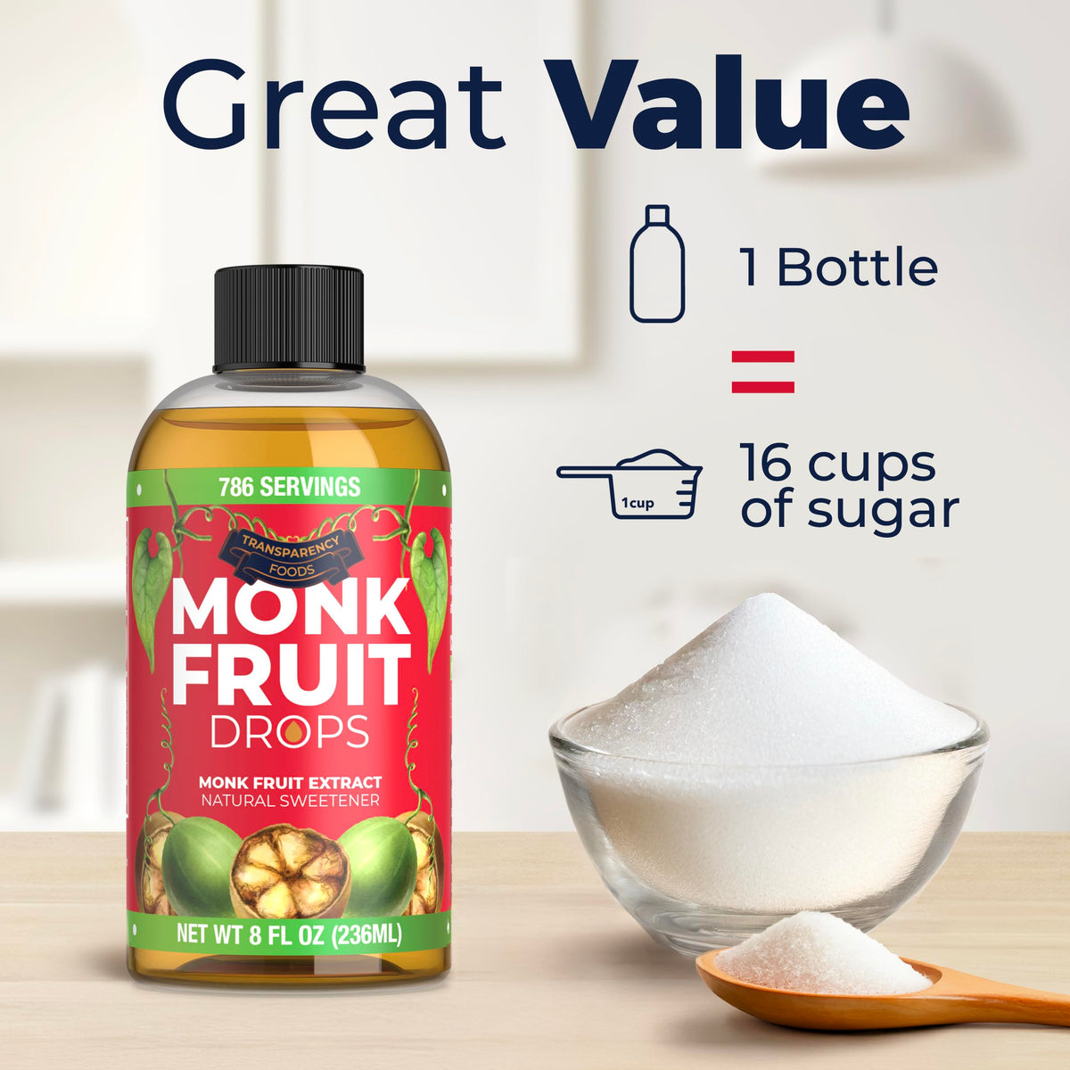 Transparency Foods coffee cup with monk fruit sweetener stir-in