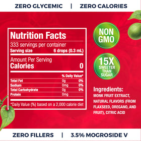 Transparency Foods monk fruit drops 333 servings chart demonstrates long-lasting sweetness.