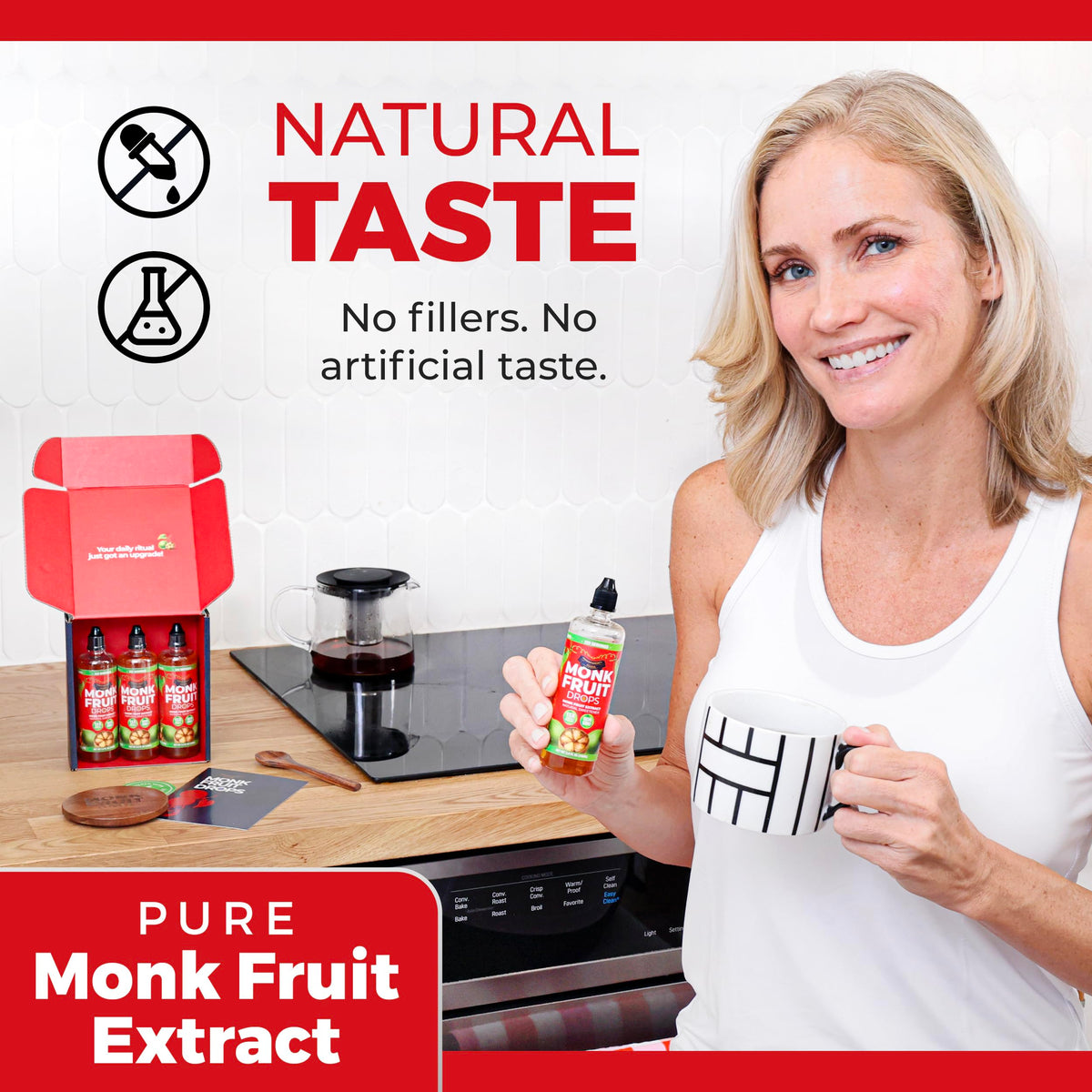 Transparency Foods Monk Fruit Drops bottle closeup, no erythritol, natural monk fruit flavor.