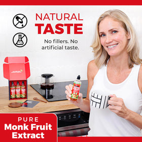 Transparency Foods Monk Fruit Drops bottle closeup, no erythritol, natural monk fruit flavor.