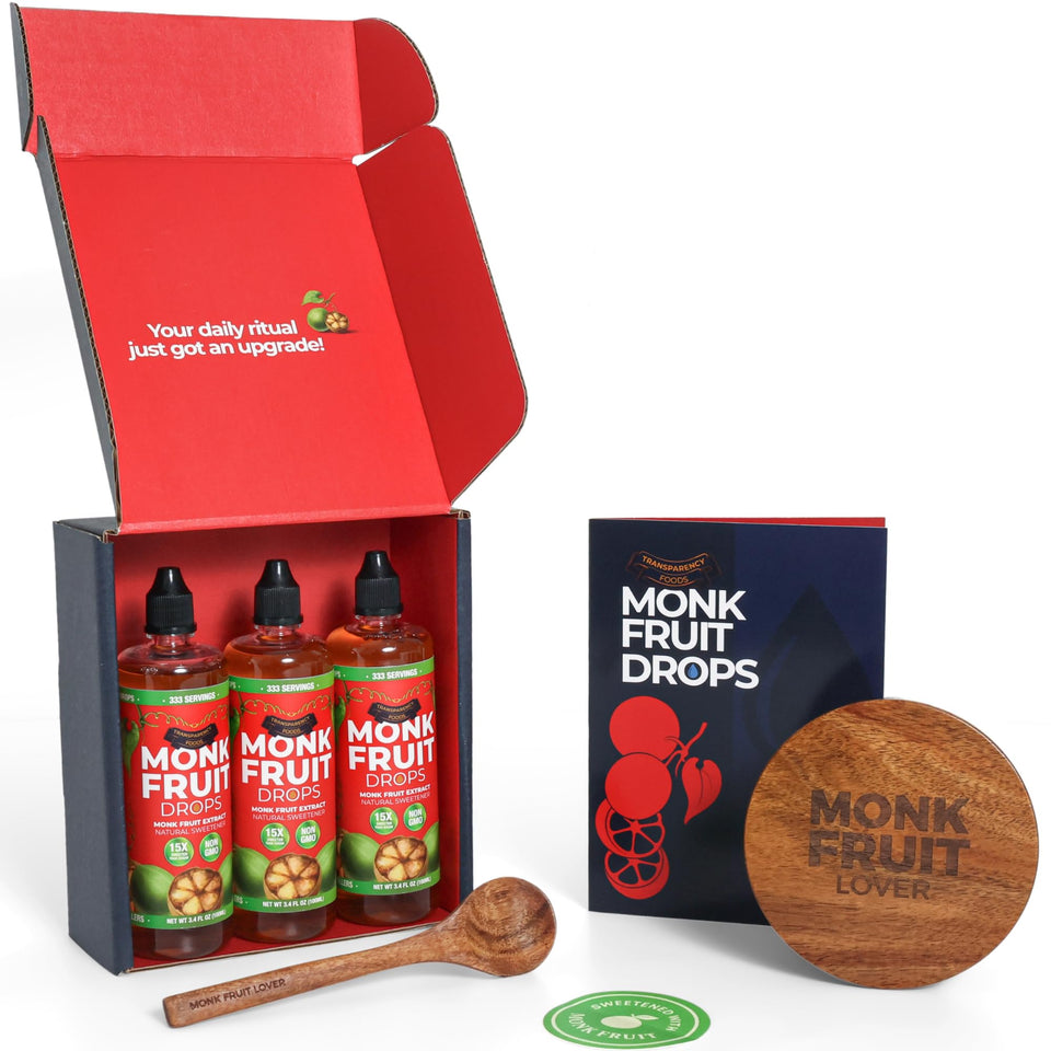Transparency Foods Monk Fruit Drops bottle front, zero-calorie sweetness for everyday drinks.