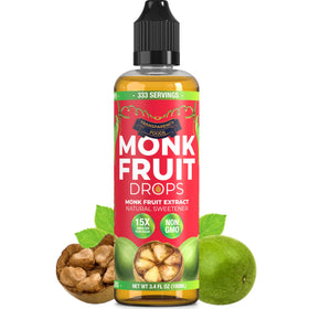 Transparency Foods monk fruit drops bottle shows zero-calorie sweetness for beverages.
