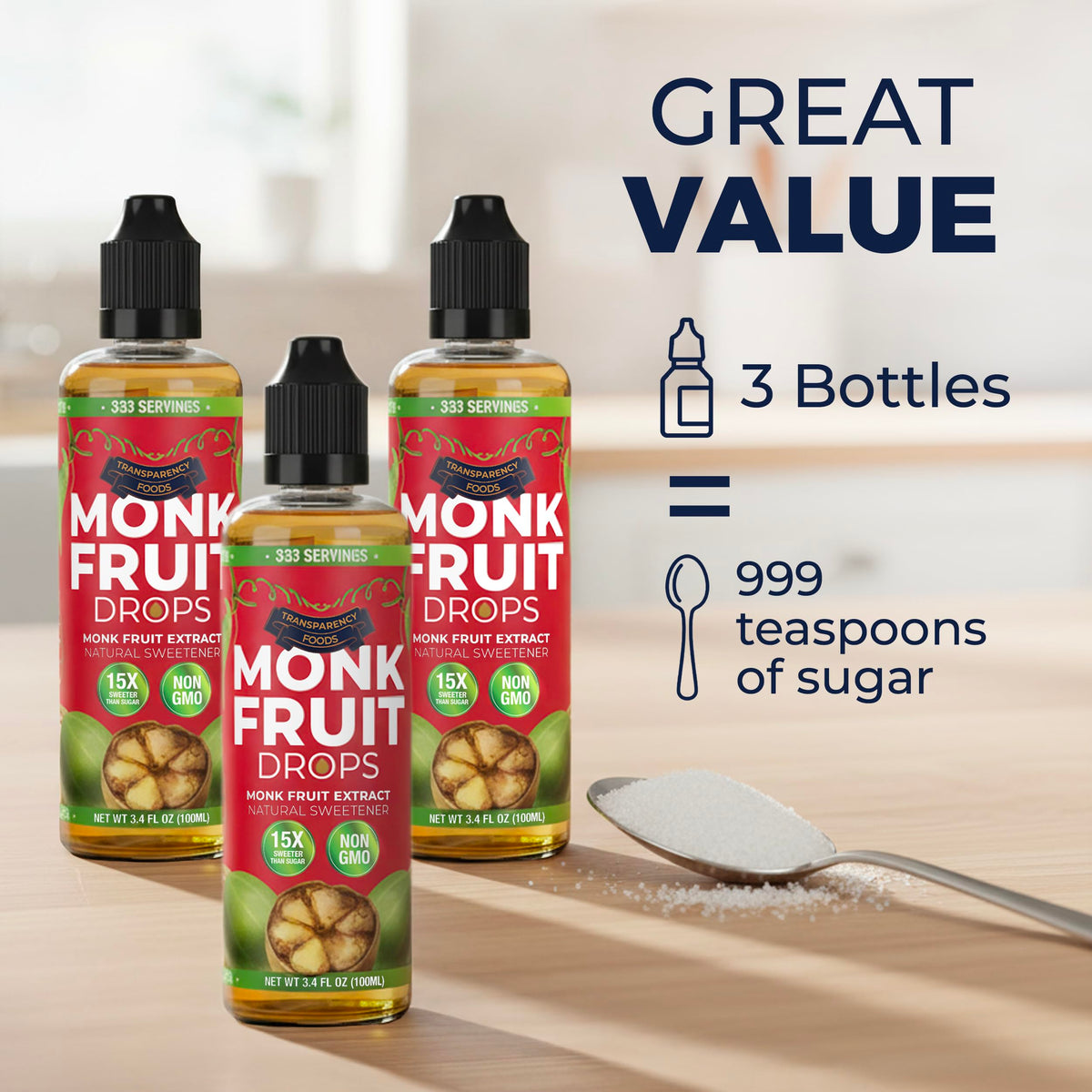 Transparency Foods Monk Fruit Drops with easy six-drops-per-teaspoon dispensing.