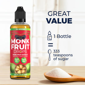 Transparency Foods monk fruit drops close-up emphasizes natural taste with no fillers.