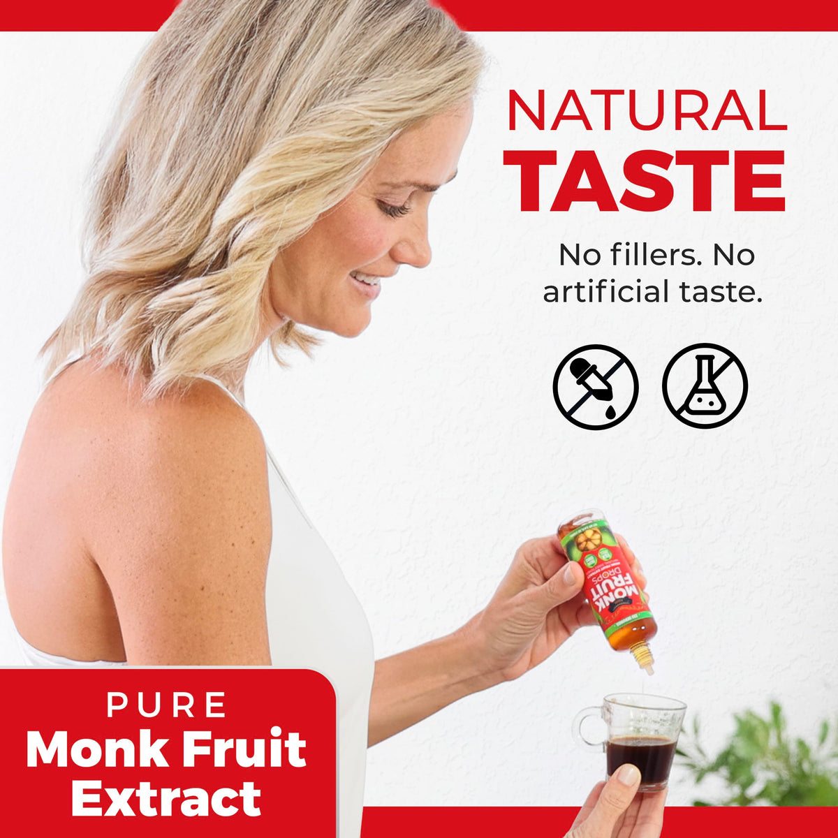 Transparency Foods monk fruit drops pour illustrates easy dosing for coffee or tea.