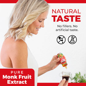 Transparency Foods monk fruit drops pour illustrates easy dosing for coffee or tea.