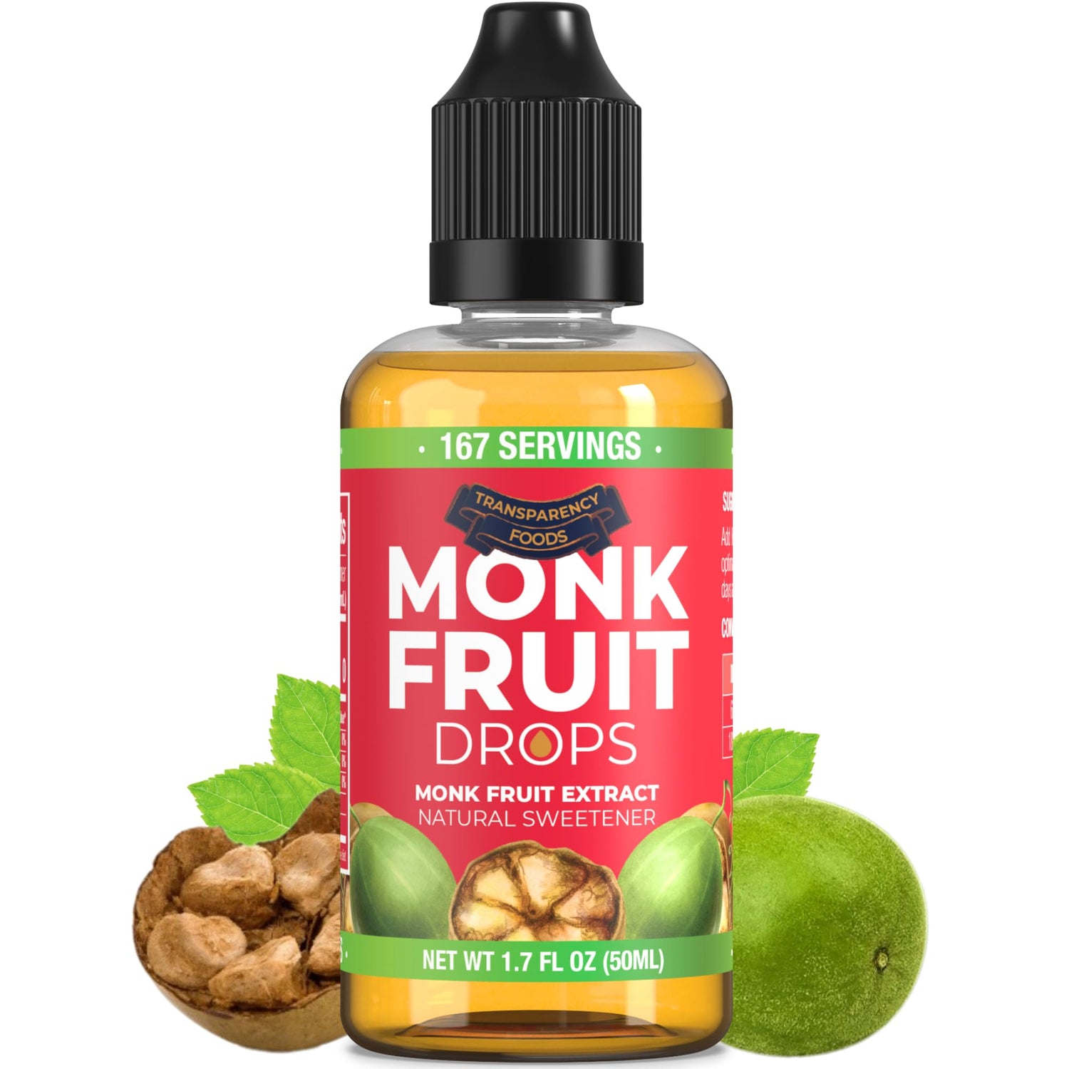 Transparency Foods Monk Fruit Drops bottle for zero-calorie sweetness on the go.