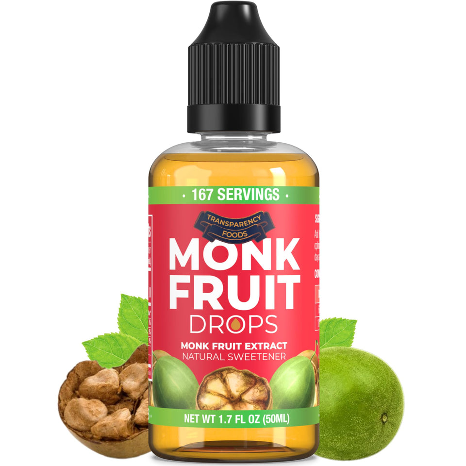 Transparency Foods Monk Fruit Drops bottle for zero-calorie sweetness on the go.