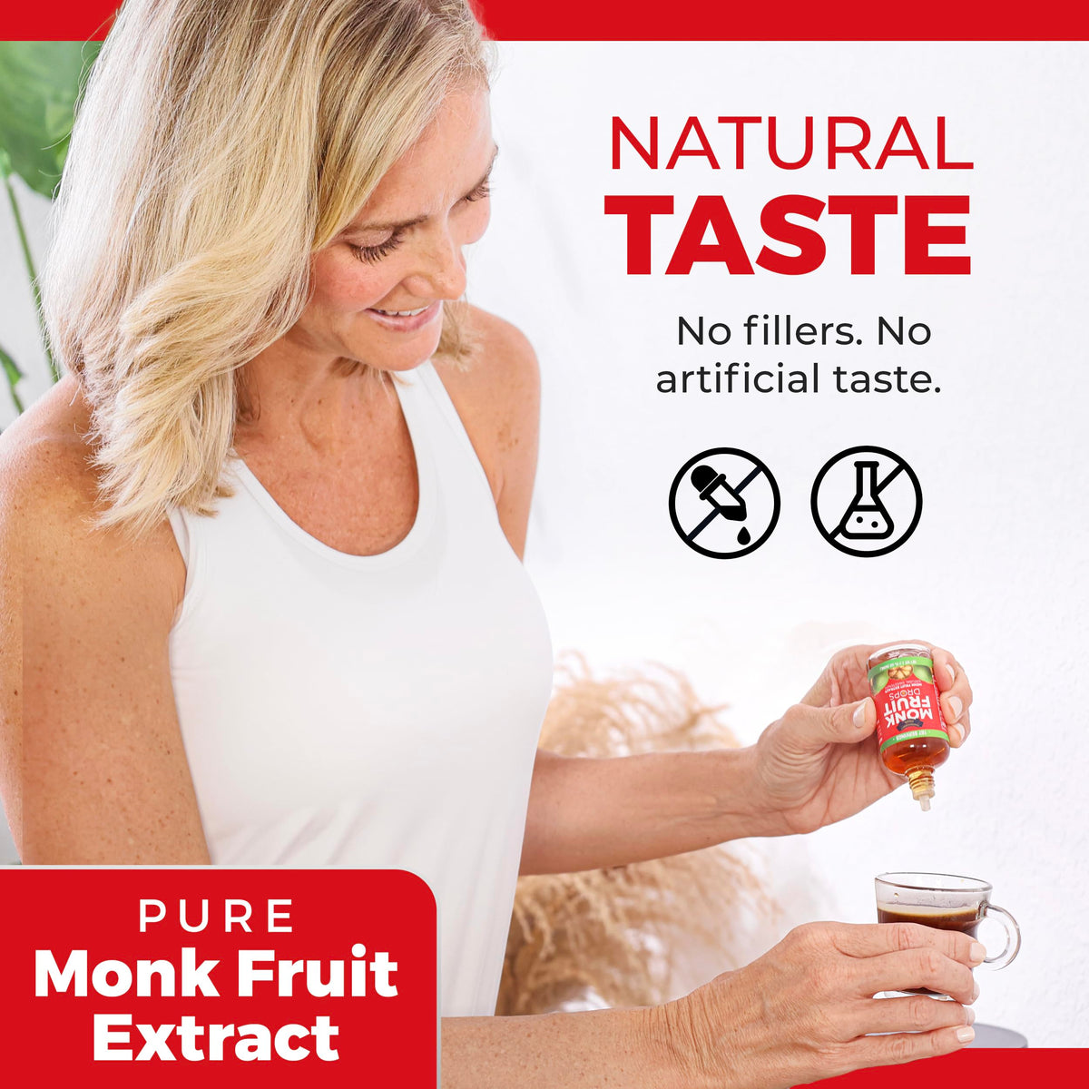 Monk fruit drops add coffee sweetness without calories or artificial flavors.