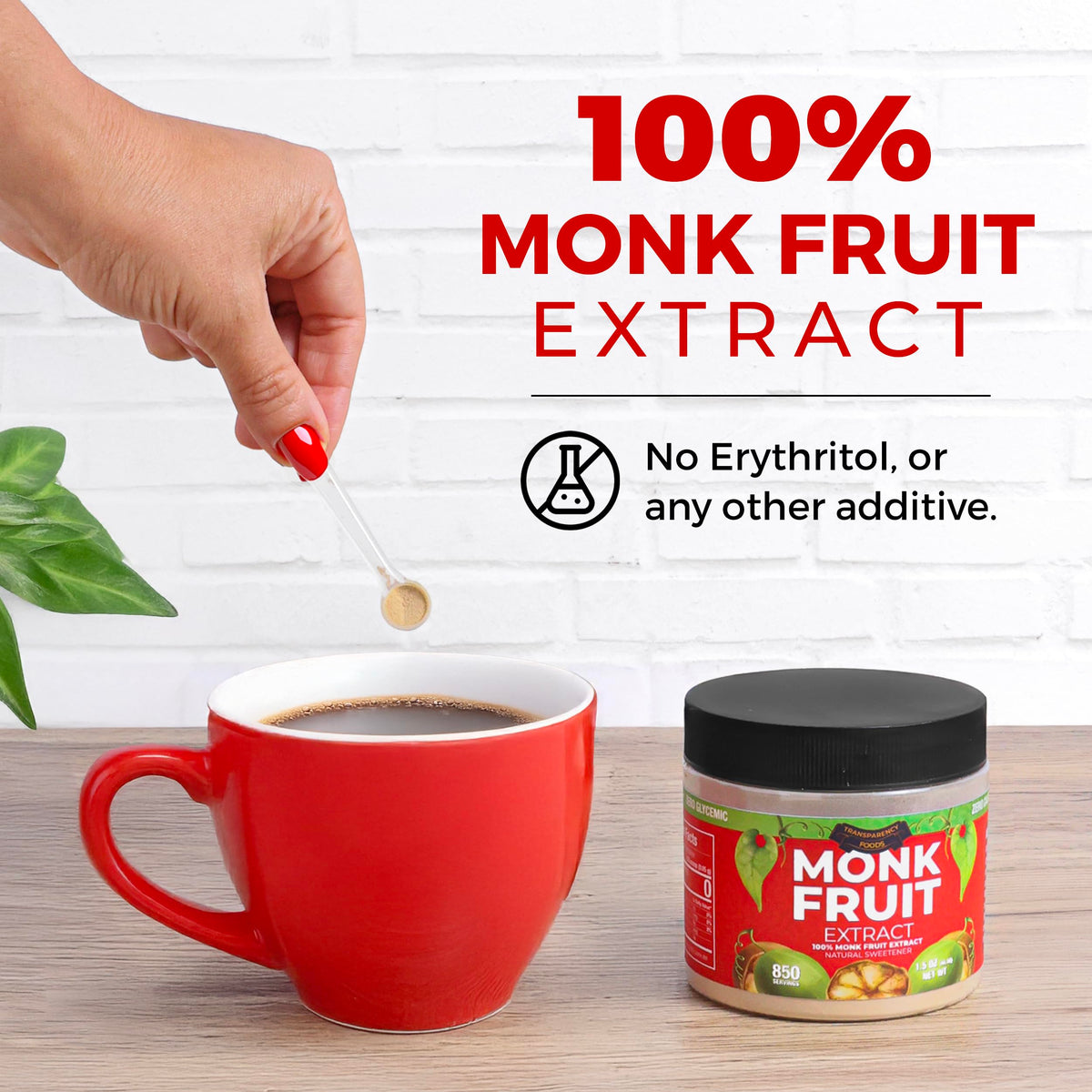 Pouring Transparency Foods monk fruit extract into a cup for a beverage.