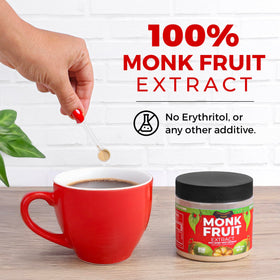 Pouring Transparency Foods monk fruit extract into a cup for a beverage.
