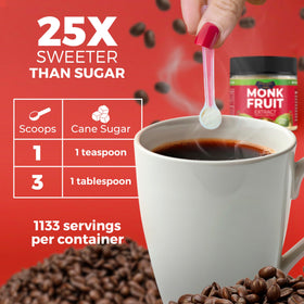 Transparency Foods Monk Fruit powder in a mug shows versatile sweetness with zero glycemic impact.