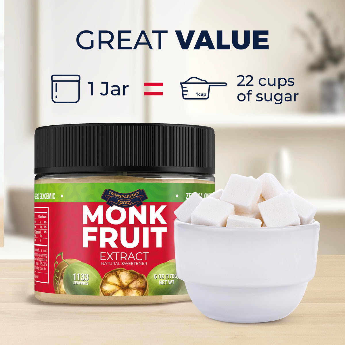 Transparency Foods Monk Fruit bottle label highlights non-GMO purity and safe sourcing.