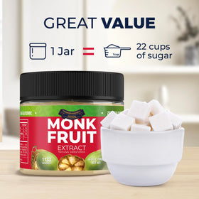 Transparency Foods Monk Fruit bottle label highlights non-GMO purity and safe sourcing.
