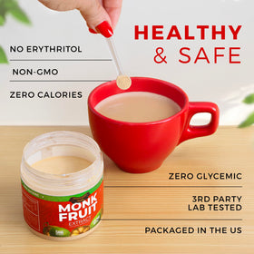 Transparency Foods Monk Fruit scoop demonstrates precise dosing for coffee, tea, and sauces.