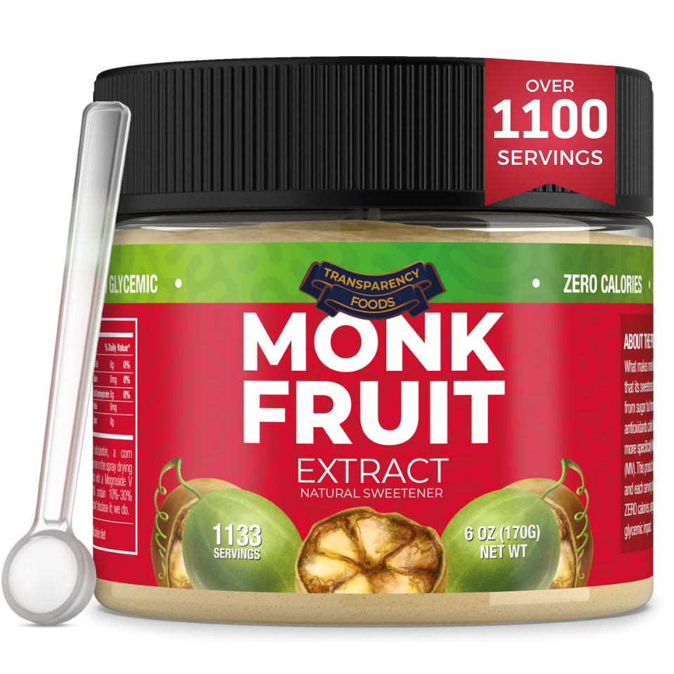 Transparency Foods Monk Fruit Sweetener jar shows natural sweetness with zero calories for everyday use.