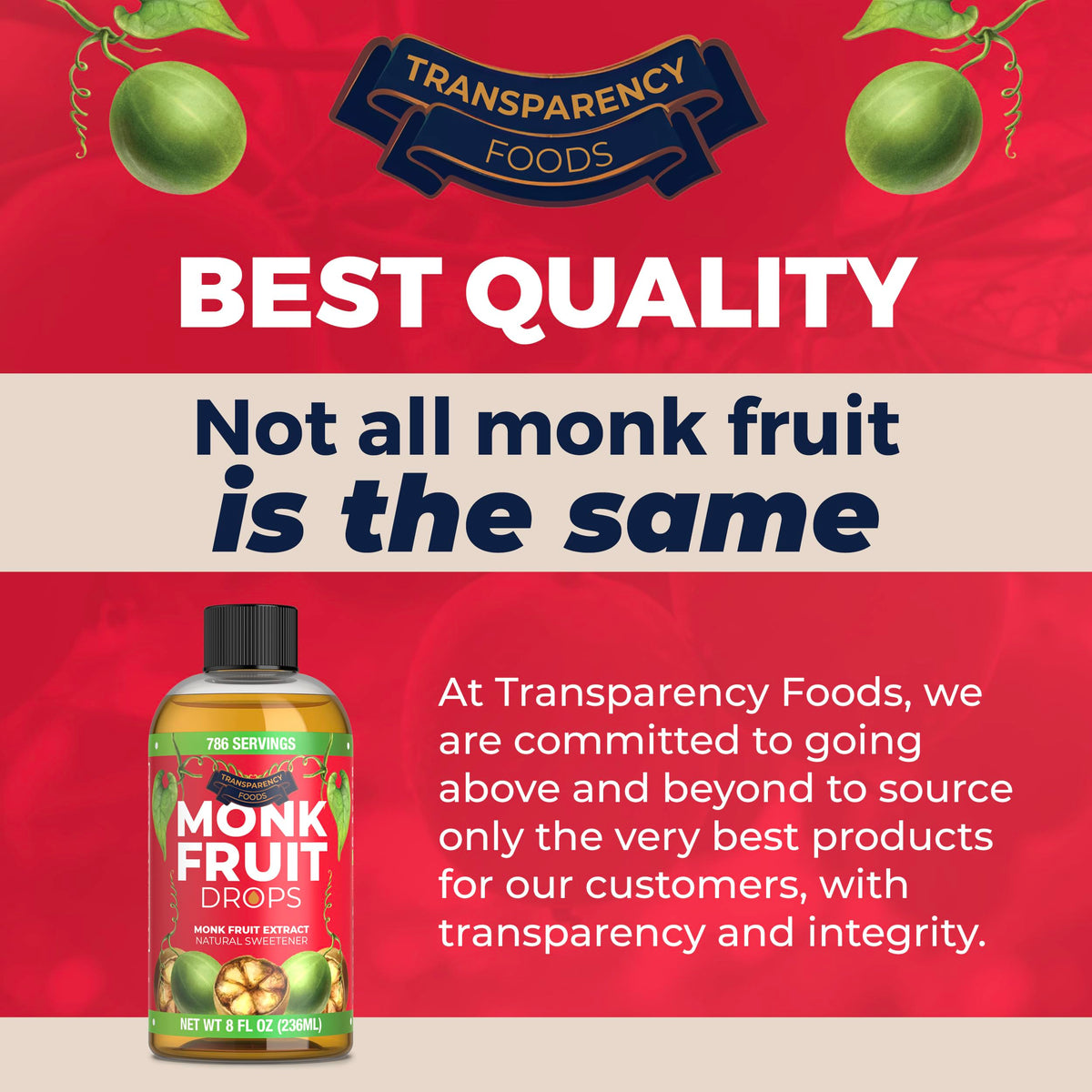 Transparency Foods monk fruit sweetener packaging shows zero-calorie option
