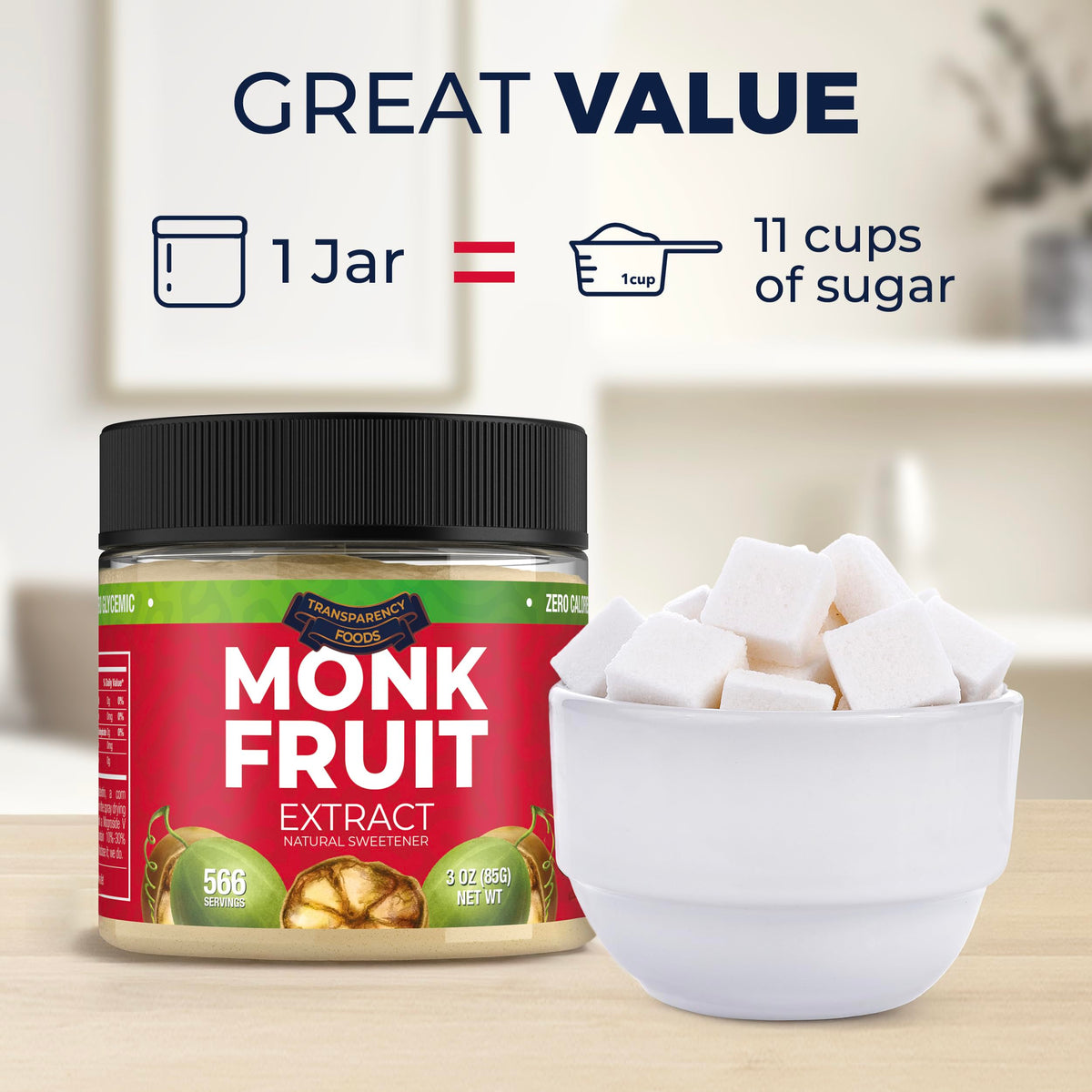 Tea cup with Transparency Foods monk fruit sweetener providing gentle sweetness