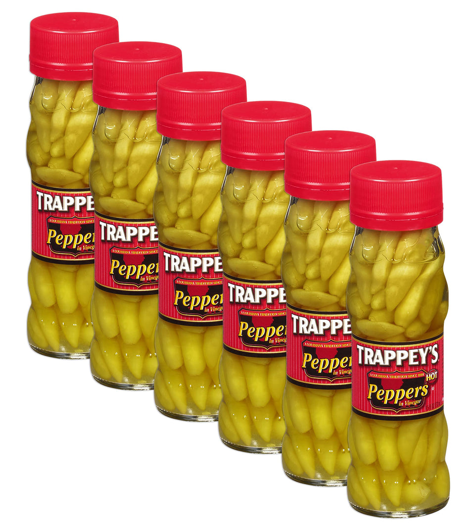 Trappey's Hot Tabasco Peppers bottle close-up highlighting bold flavor and ready heat.