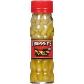 Trappey's Hot Tabasco Peppers bottle pour showing vibrant peppers for spicy toppings.