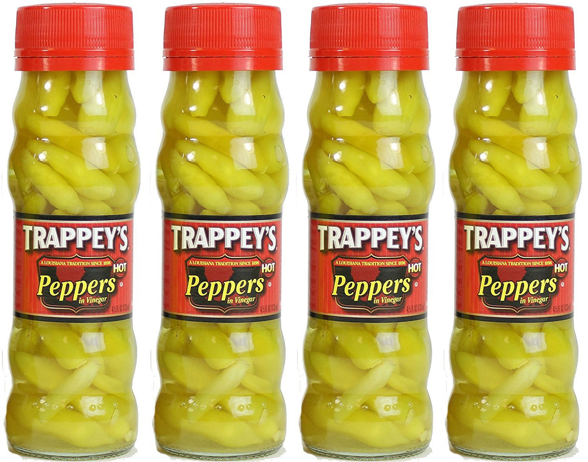 Trappey's Peppers in Vinegar, Hot label close-up highlighting bold tangy flavor for snacking