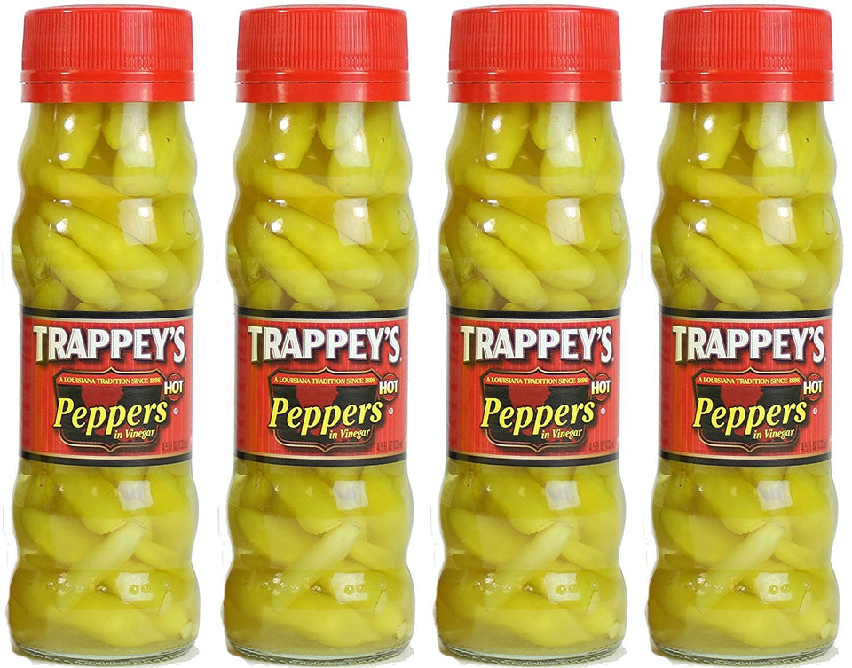 Trappey's Peppers in Vinegar, Hot label close-up highlighting bold tangy flavor for snacking