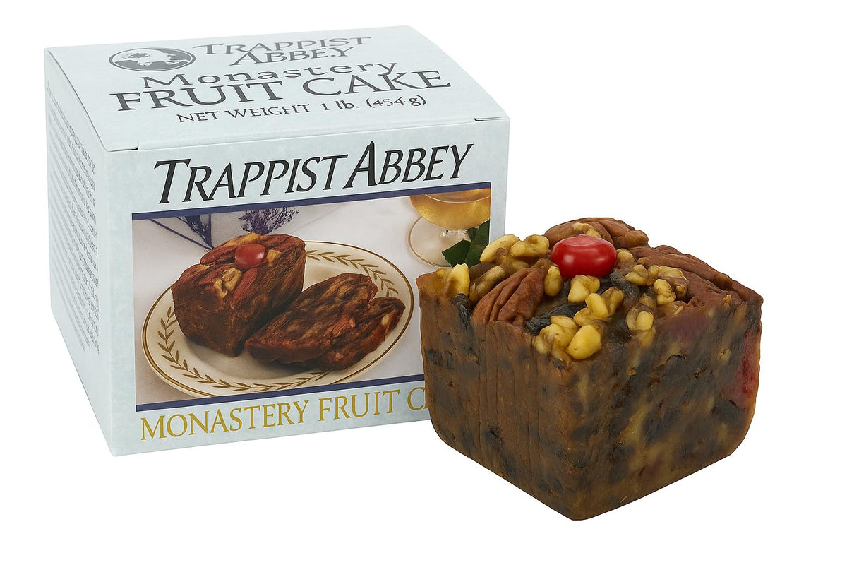 Trappist Abbey fruitcake with candied fruits and nuts, ideal for festive celebrations.