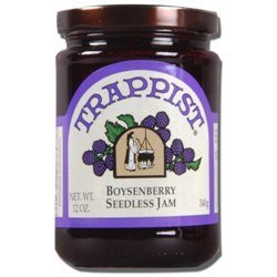 Trappist Boysenberry Seedless Jam jar delivers rich flavor, perfect for toast.